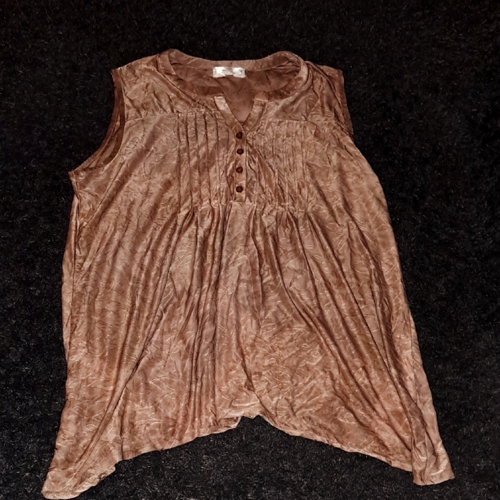 Brown Sleeveless Blouse with Asymmetrical Hem and Mandarin Collar